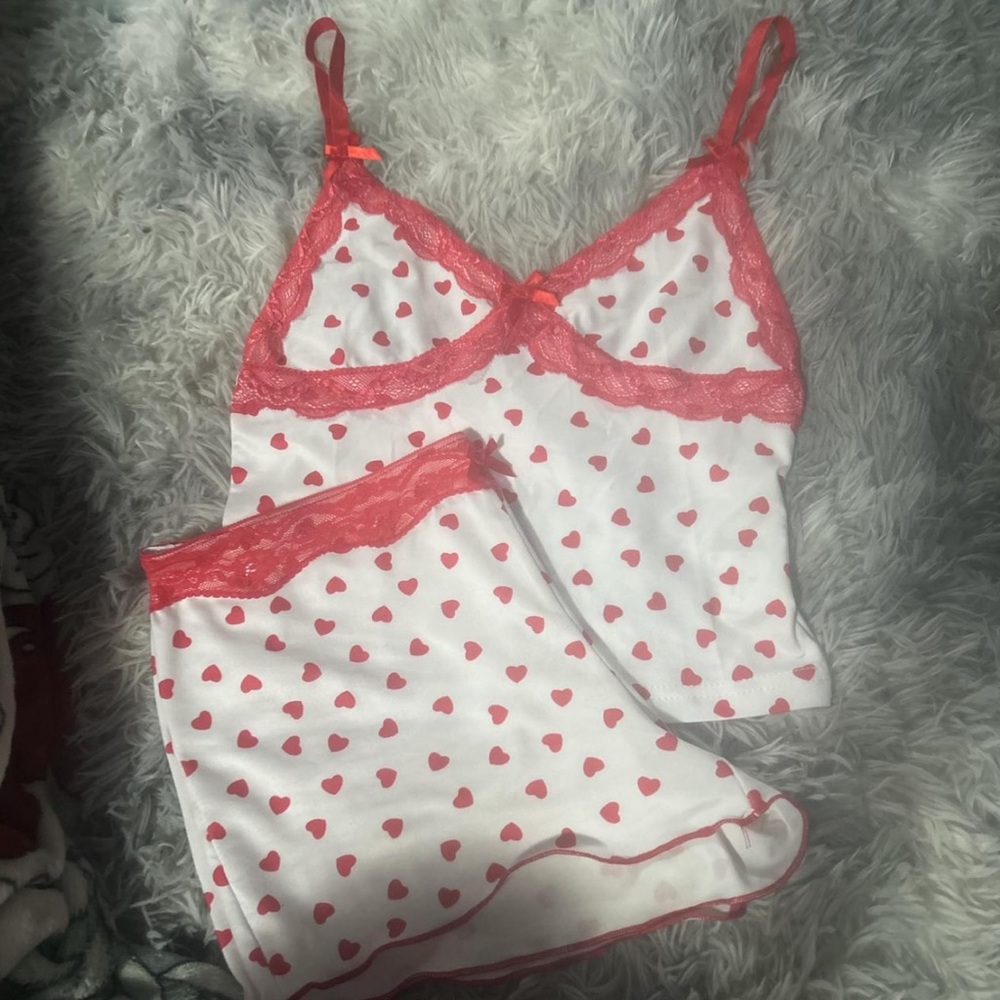Adorable white and red lace heart valentine lingerie set